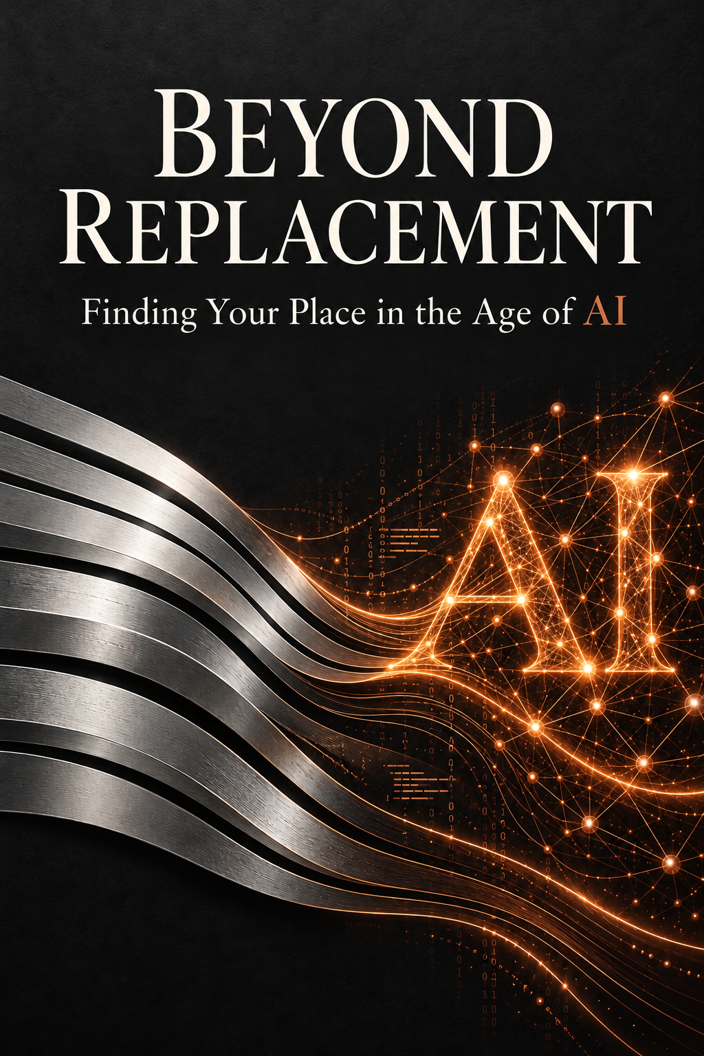 Beyond Replacement book cover, with flowing silver ribbons and a luminous copper AI network